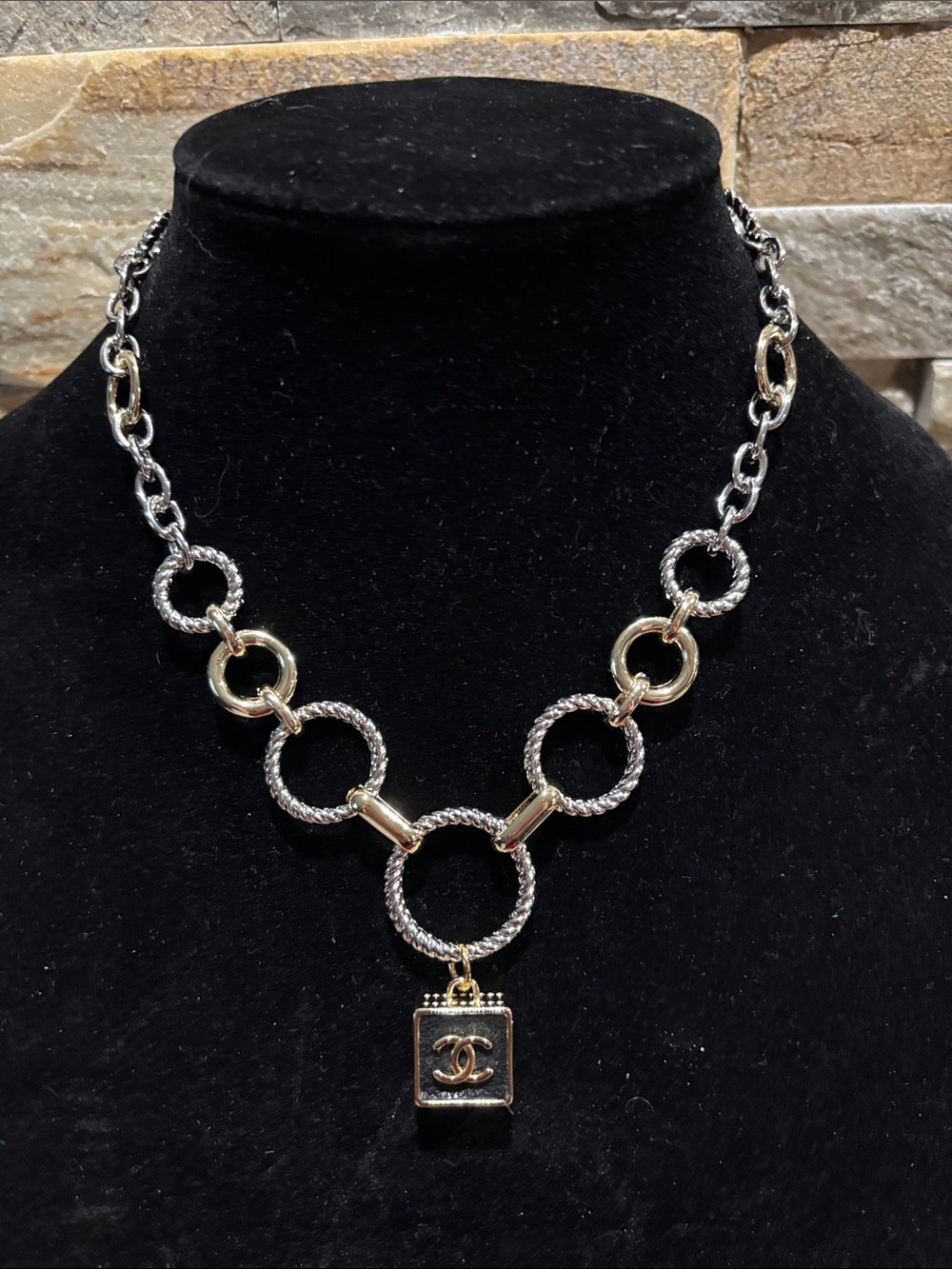 Two-Tone Interlocking Circle Necklace with CC Pendant - Gold & Silver